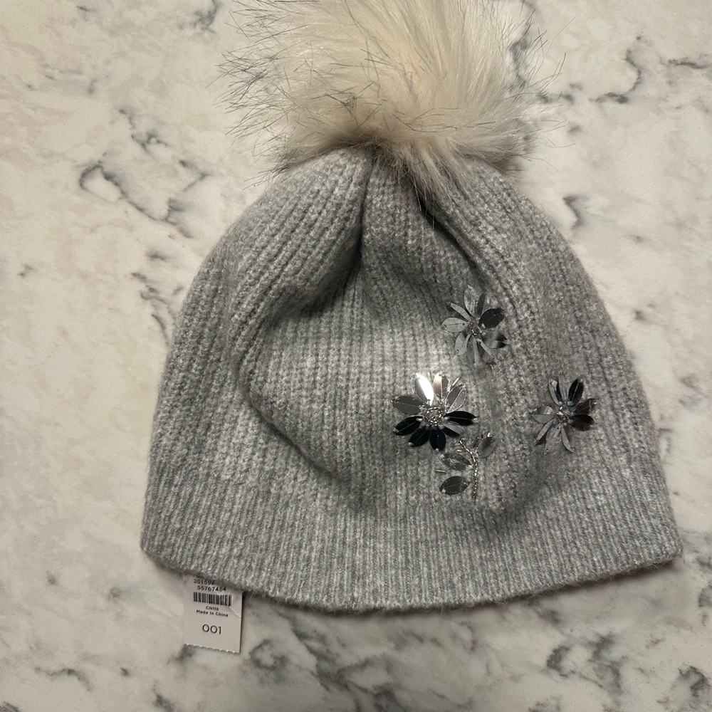 NWT Talbots Gray Knit Beanie with Pom Pom and Sequin Floral Accents